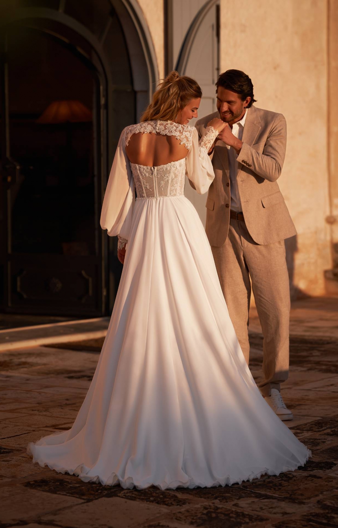 Robe de mariée bohème avec bustier dentelle et bas mousseline Marseille