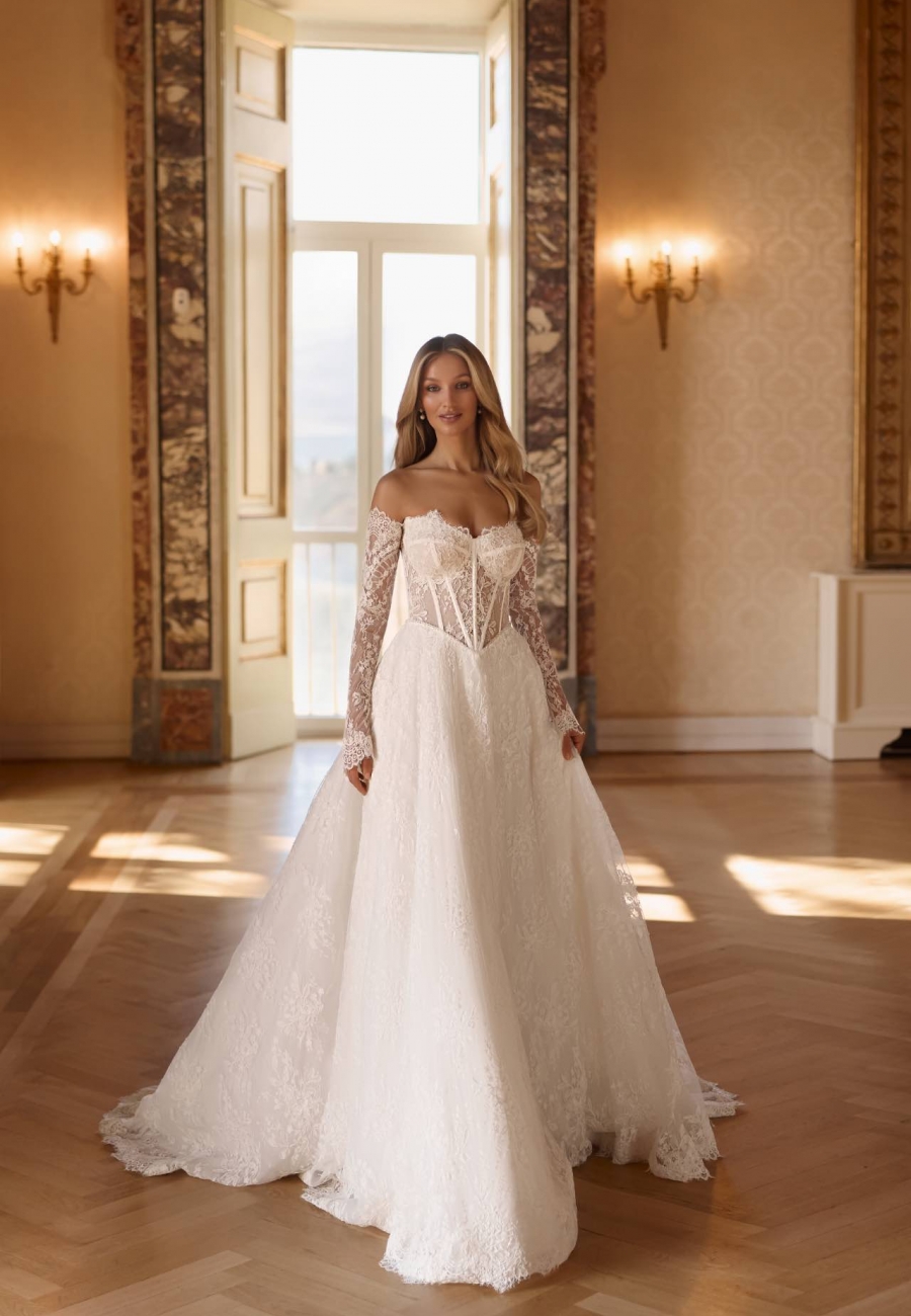 Robe de mari&eacute; trap&egrave;ze ADJARIA, bustier en dentelle et perles